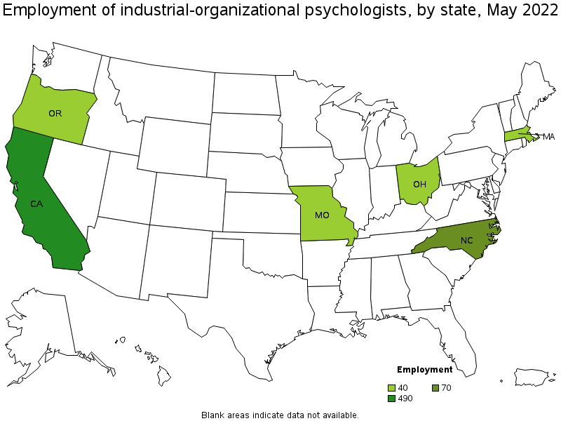 Map of employment of industrial-organizational psychologists by state, May 2022