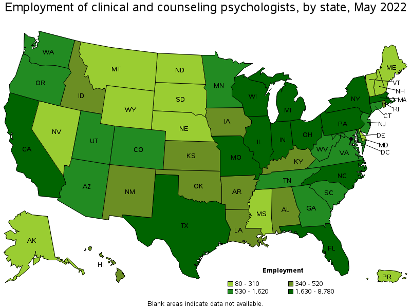Map of employment of clinical and counseling psychologists by state, May 2022