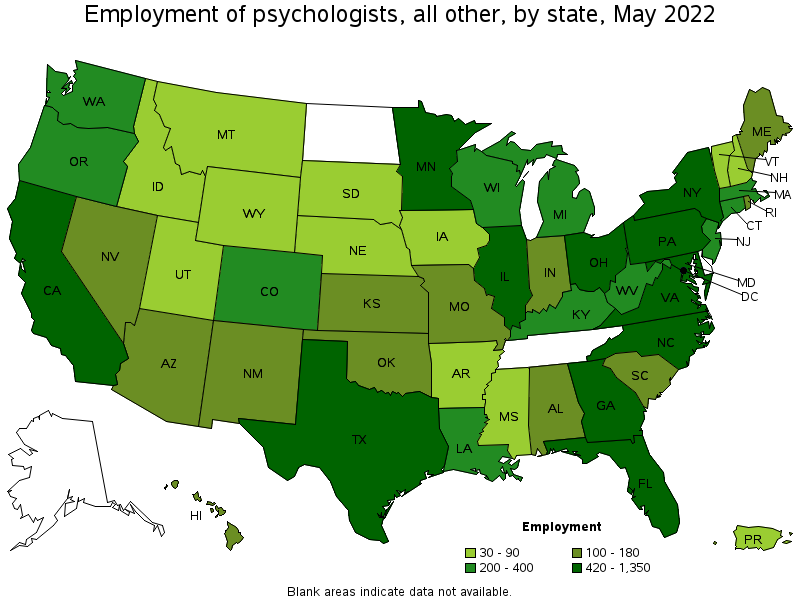 Map of employment of psychologists, all other by state, May 2022