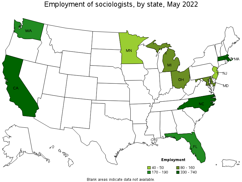 Map of employment of sociologists by state, May 2022