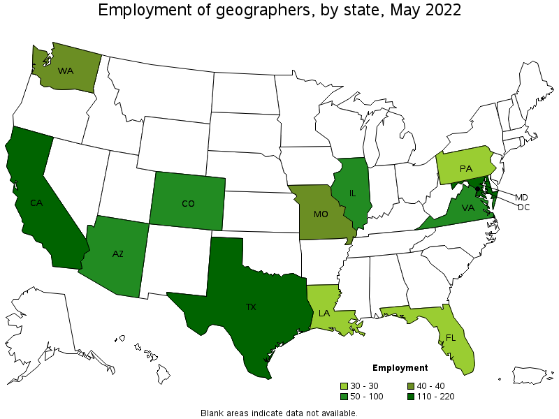 Map of employment of geographers by state, May 2022