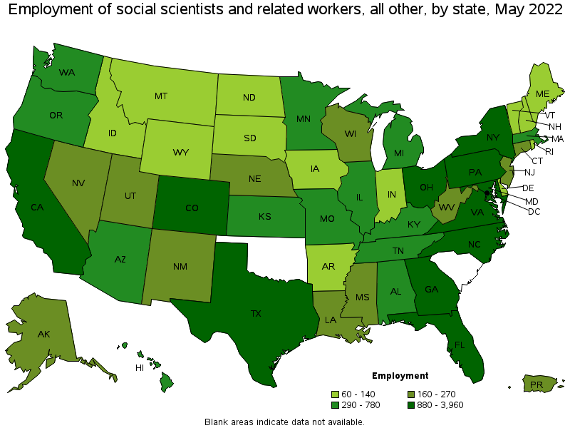 Map of employment of social scientists and related workers, all other by state, May 2022
