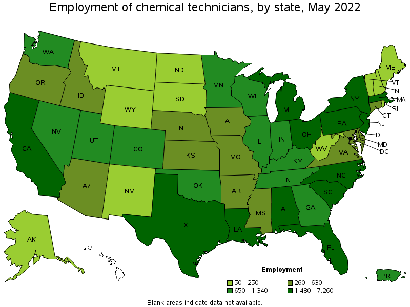 Map of employment of chemical technicians by state, May 2022