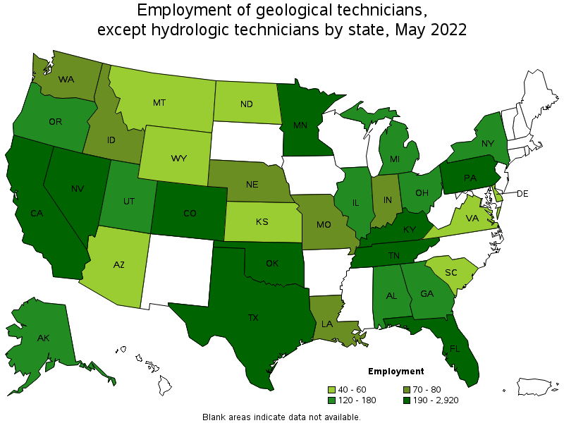 Map of employment of geological technicians, except hydrologic technicians by state, May 2022