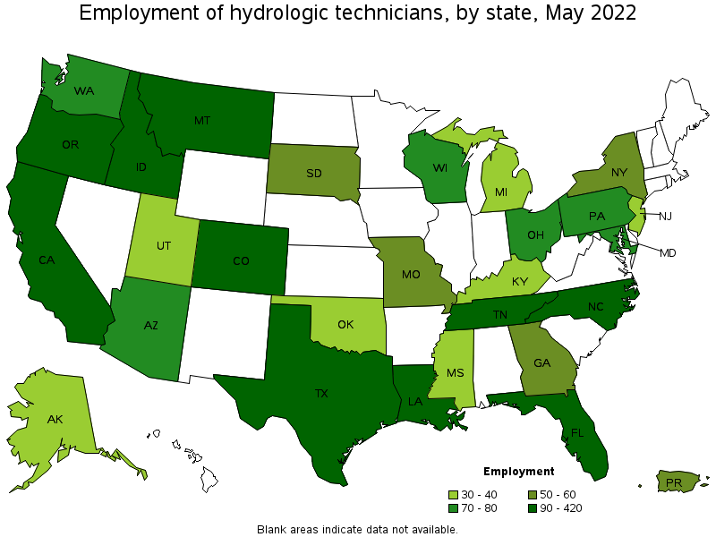 Map of employment of hydrologic technicians by state, May 2022