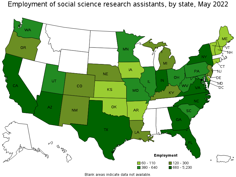 Map of employment of social science research assistants by state, May 2022