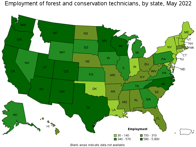 Map of employment of forest and conservation technicians by state, May 2022