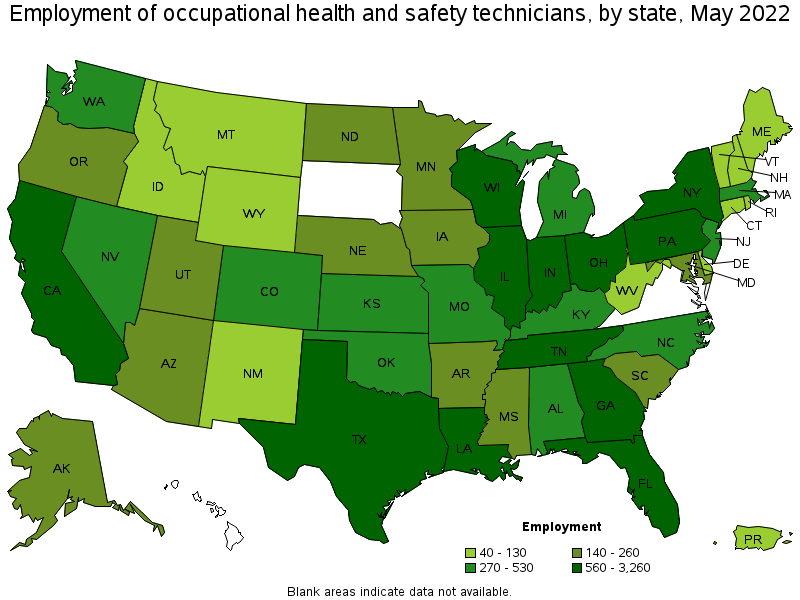 Map of employment of occupational health and safety technicians by state, May 2022