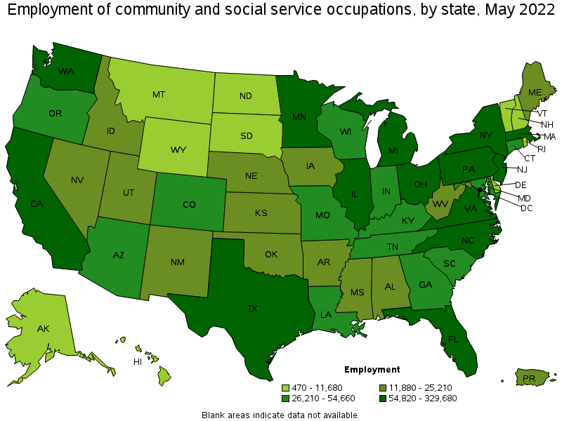 Map of employment of community and social service occupations by state, May 2022