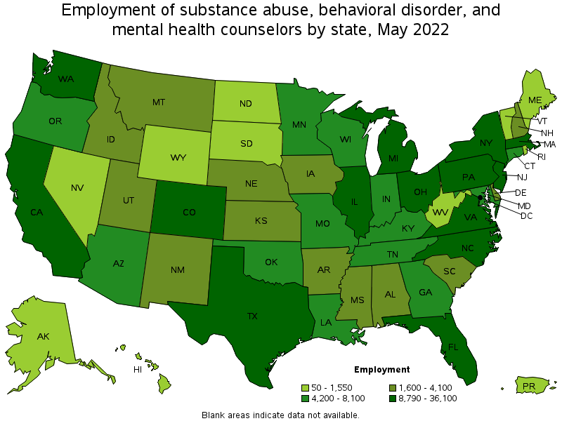 Map of employment of substance abuse, behavioral disorder, and mental health counselors by state, May 2022