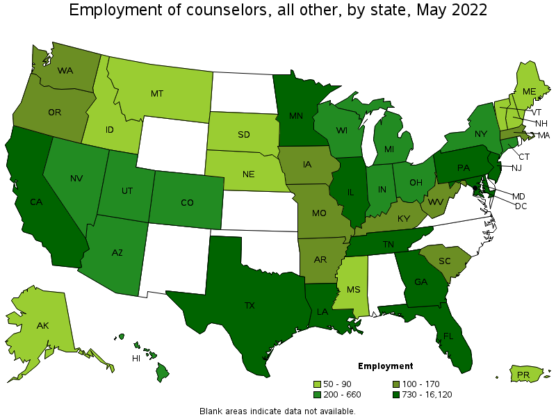 Map of employment of counselors, all other by state, May 2022