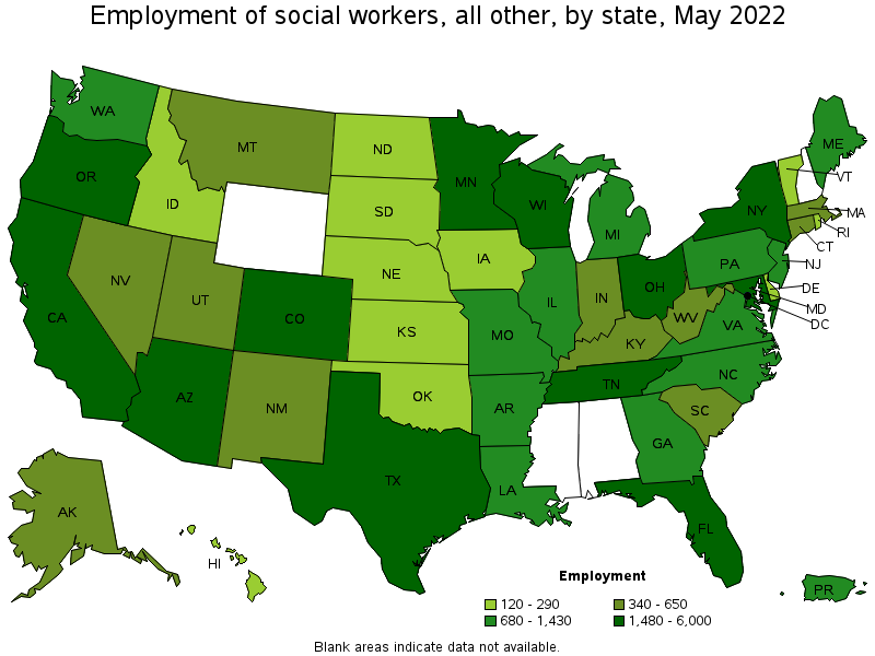 Map of employment of social workers, all other by state, May 2022