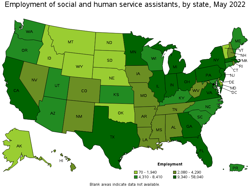 Map of employment of social and human service assistants by state, May 2022