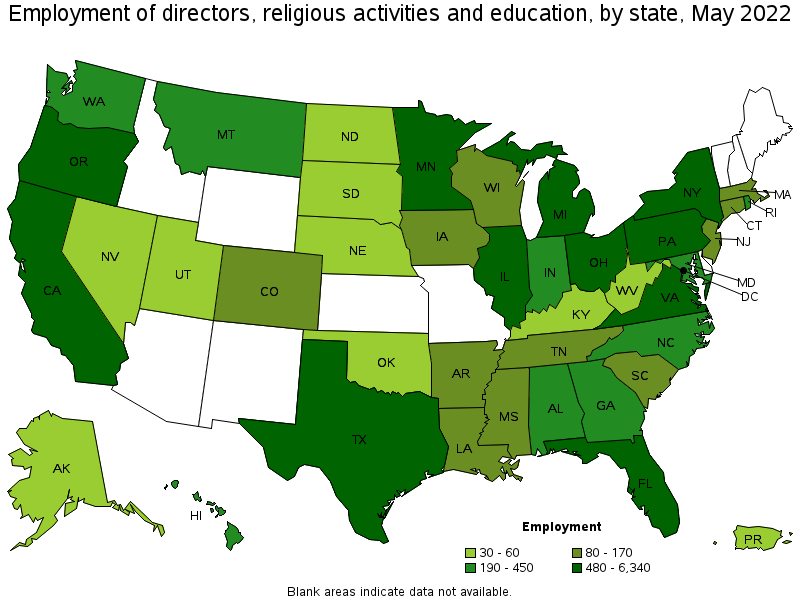 Map of employment of directors, religious activities and education by state, May 2022