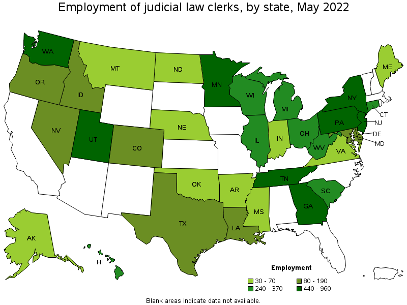 Map of employment of judicial law clerks by state, May 2022