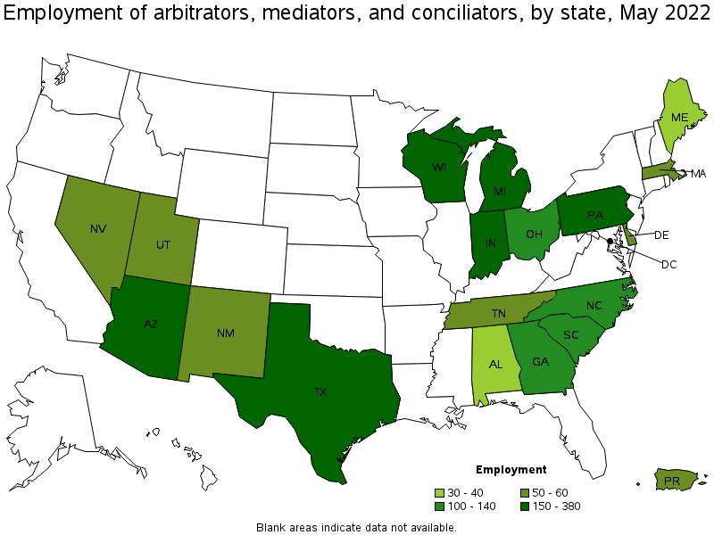 Map of employment of arbitrators, mediators, and conciliators by state, May 2022