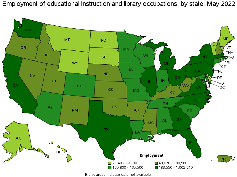 Map of employment of educational instruction and library occupations by state, May 2022
