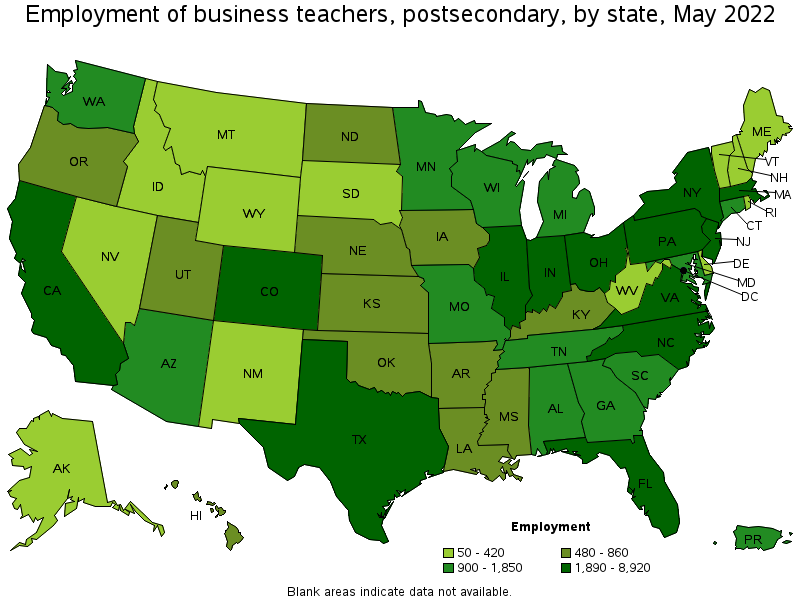 Map of employment of business teachers, postsecondary by state, May 2022