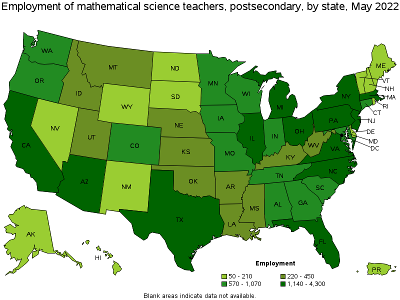 Map of employment of mathematical science teachers, postsecondary by state, May 2022