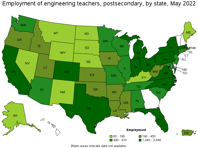Map of employment of engineering teachers, postsecondary by state, May 2022