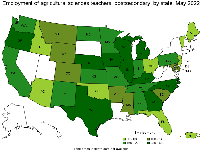 Map of employment of agricultural sciences teachers, postsecondary by state, May 2022