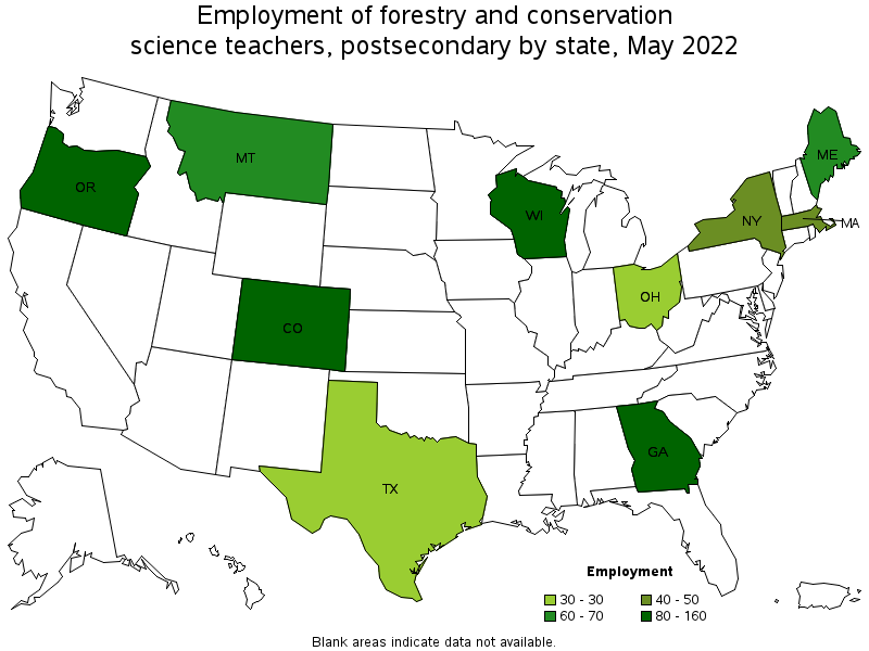 Map of employment of forestry and conservation science teachers, postsecondary by state, May 2022