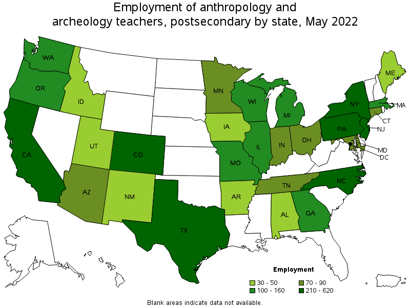 Map of employment of anthropology and archeology teachers, postsecondary by state, May 2022