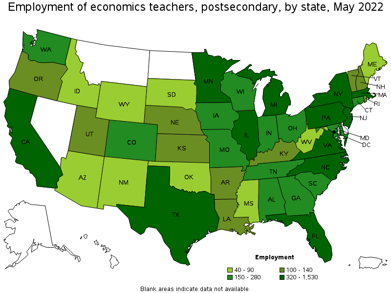 Map of employment of economics teachers, postsecondary by state, May 2022