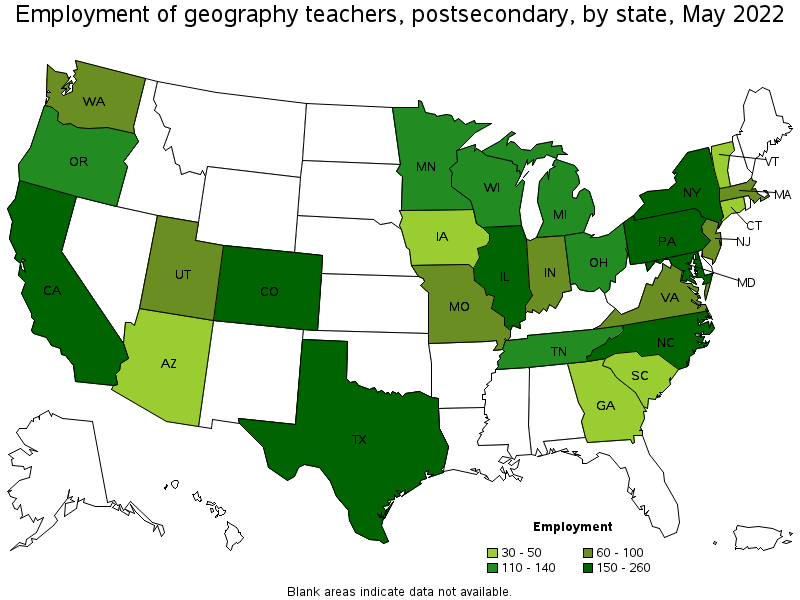 Map of employment of geography teachers, postsecondary by state, May 2022