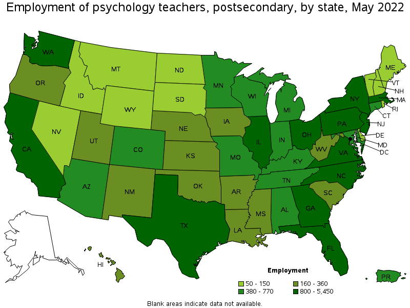 Map of employment of psychology teachers, postsecondary by state, May 2022