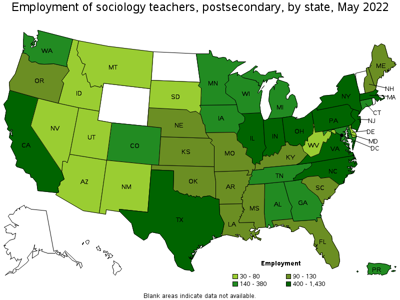 Map of employment of sociology teachers, postsecondary by state, May 2022