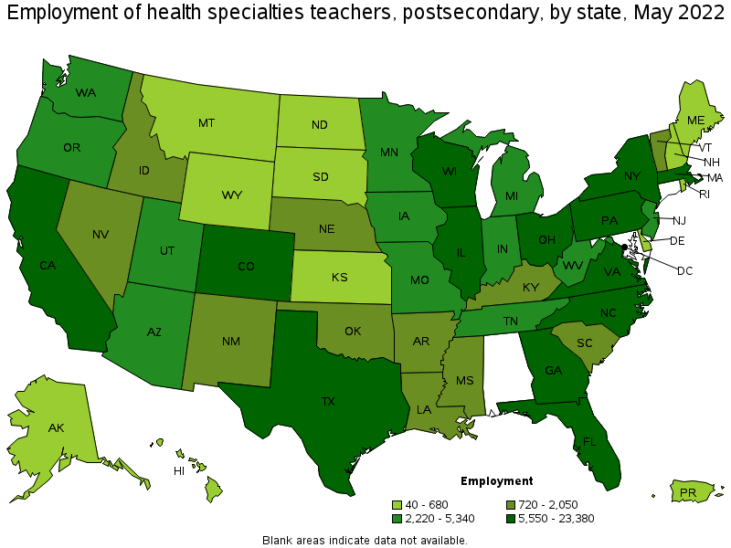 Map of employment of health specialties teachers, postsecondary by state, May 2022