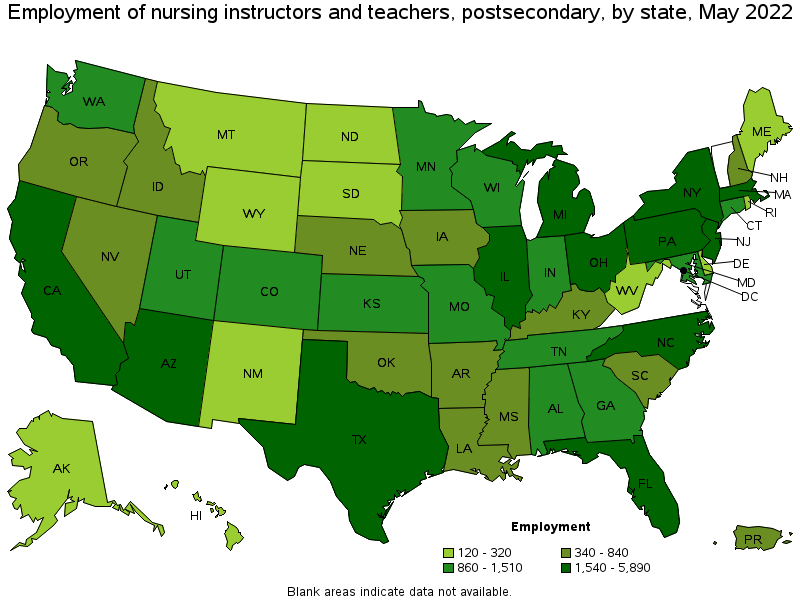 Map of employment of nursing instructors and teachers, postsecondary by state, May 2022
