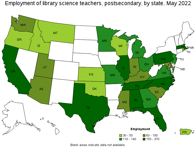 Map of employment of library science teachers, postsecondary by state, May 2022