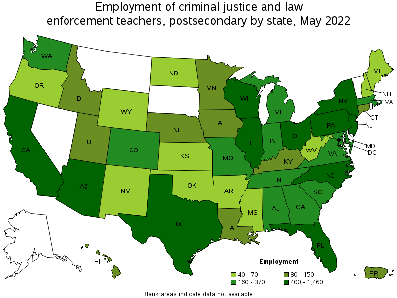 Map of employment of criminal justice and law enforcement teachers, postsecondary by state, May 2022