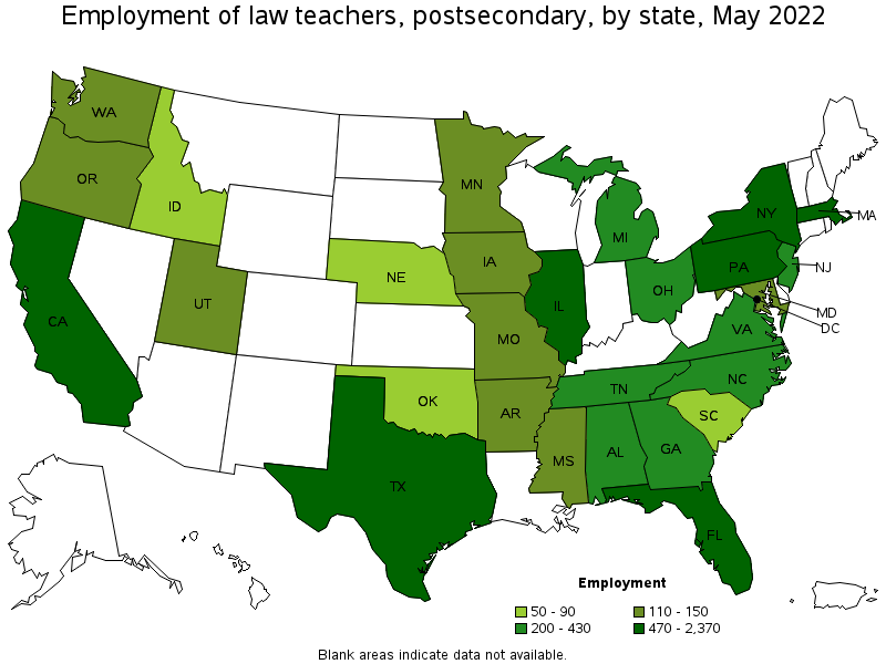 Map of employment of law teachers, postsecondary by state, May 2022