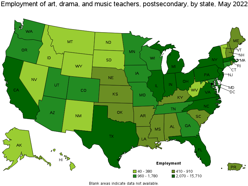 Map of employment of art, drama, and music teachers, postsecondary by state, May 2022