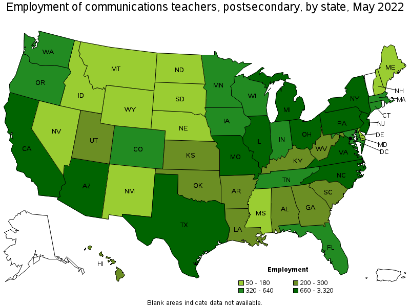 Map of employment of communications teachers, postsecondary by state, May 2022