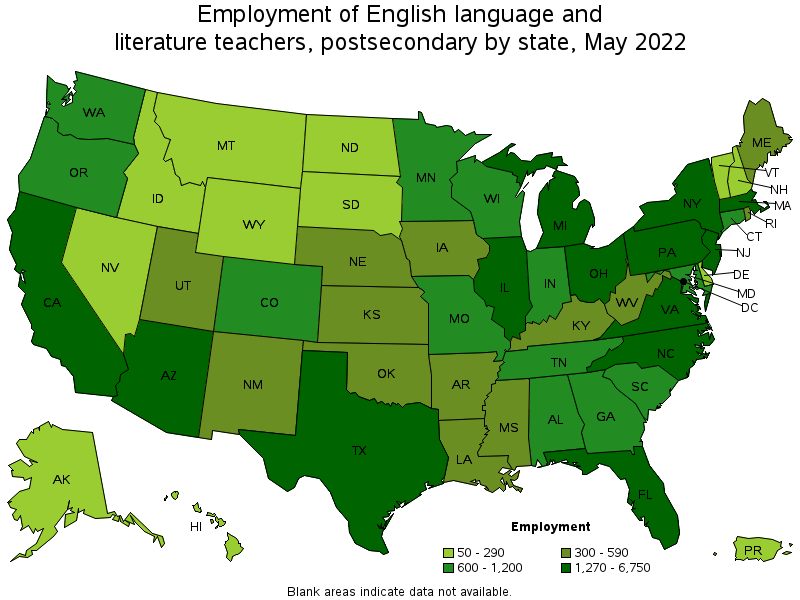 Map of employment of english language and literature teachers, postsecondary by state, May 2022