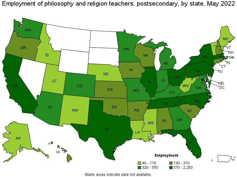 Map of employment of philosophy and religion teachers, postsecondary by state, May 2022