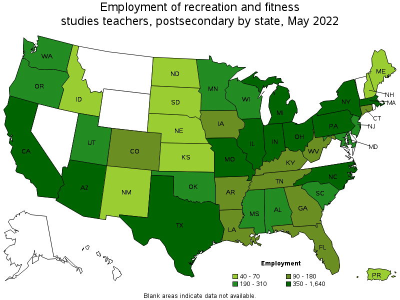 Map of employment of recreation and fitness studies teachers, postsecondary by state, May 2022