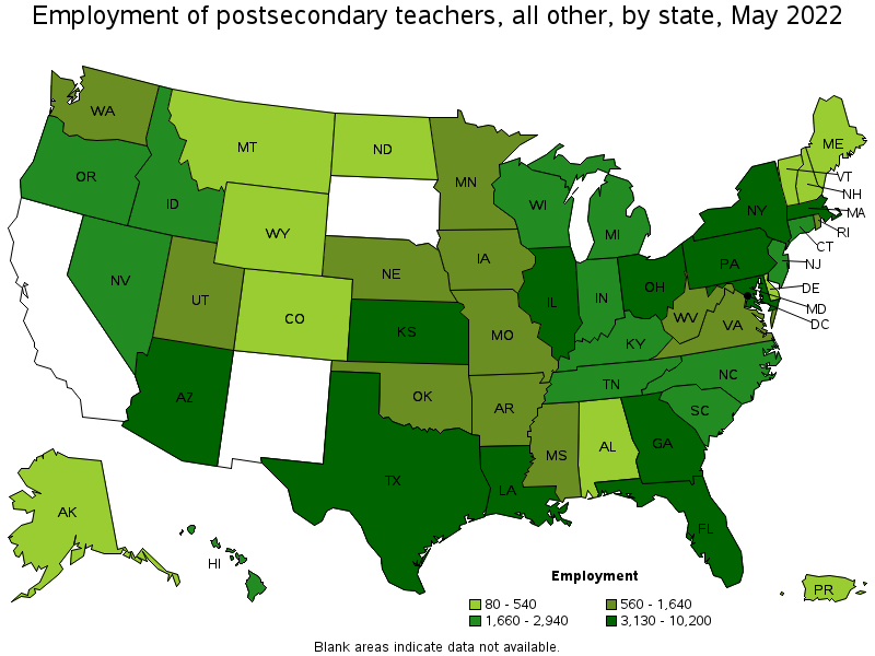 Map of employment of postsecondary teachers, all other by state, May 2022