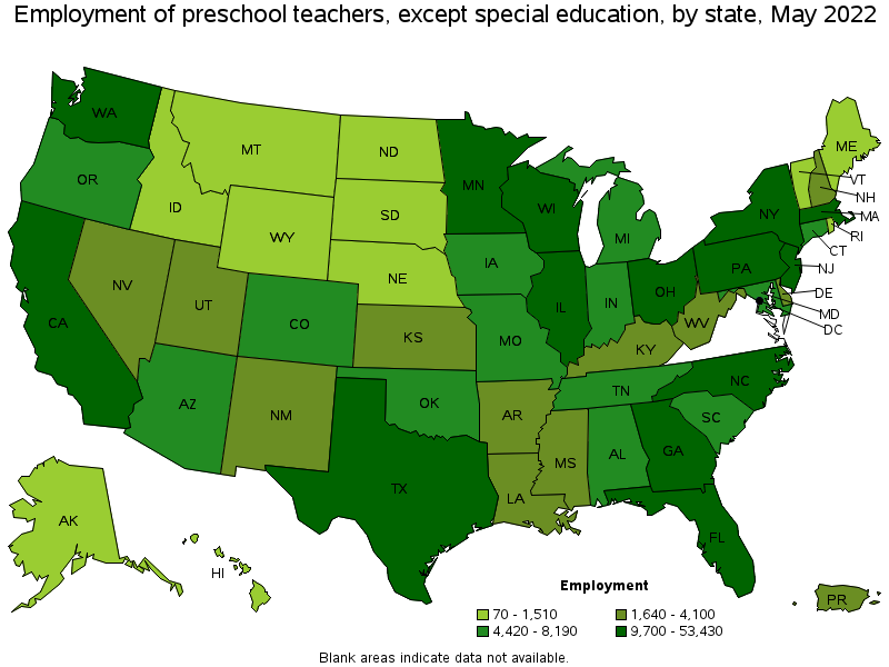 Map of employment of preschool teachers, except special education by state, May 2022