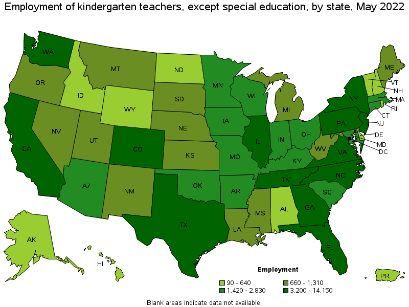 Map of employment of kindergarten teachers, except special education by state, May 2022