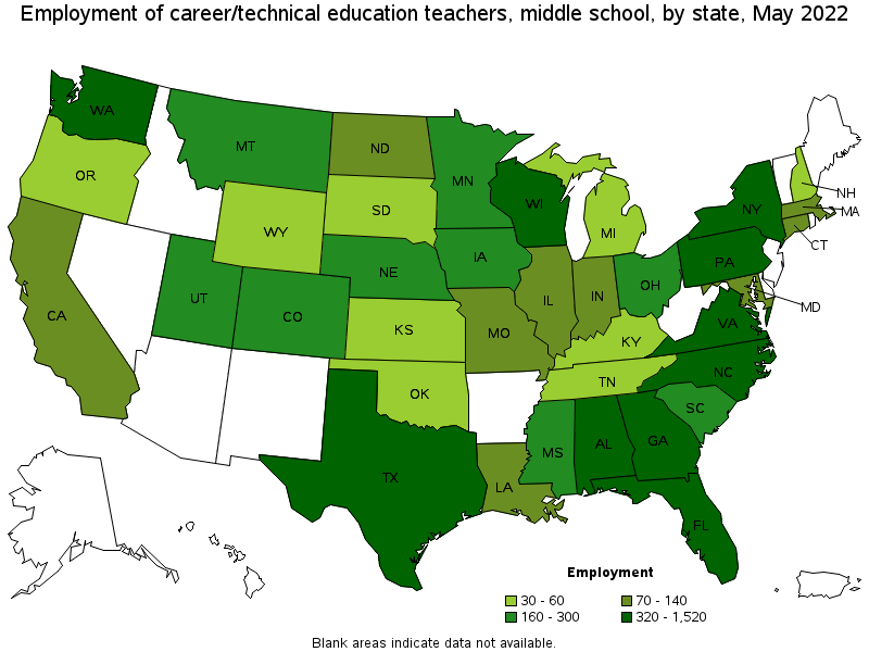 Map of employment of career/technical education teachers, middle school by state, May 2022