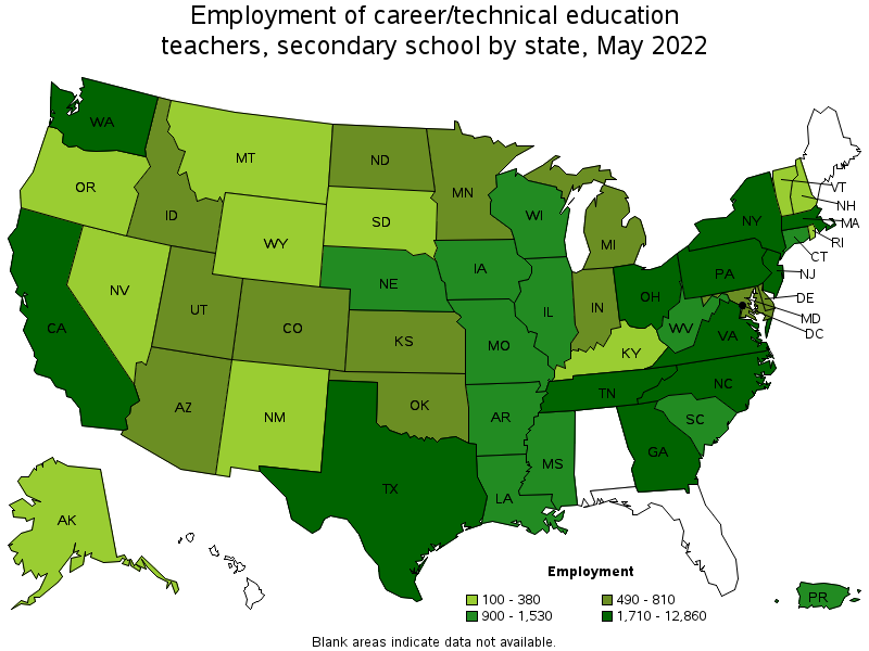 Map of employment of career/technical education teachers, secondary school by state, May 2022