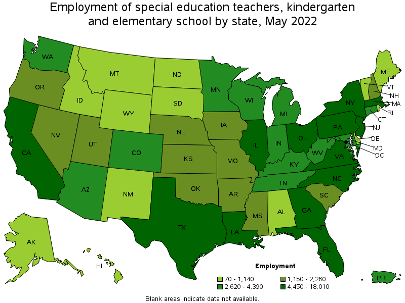 Map of employment of special education teachers, kindergarten and elementary school by state, May 2022