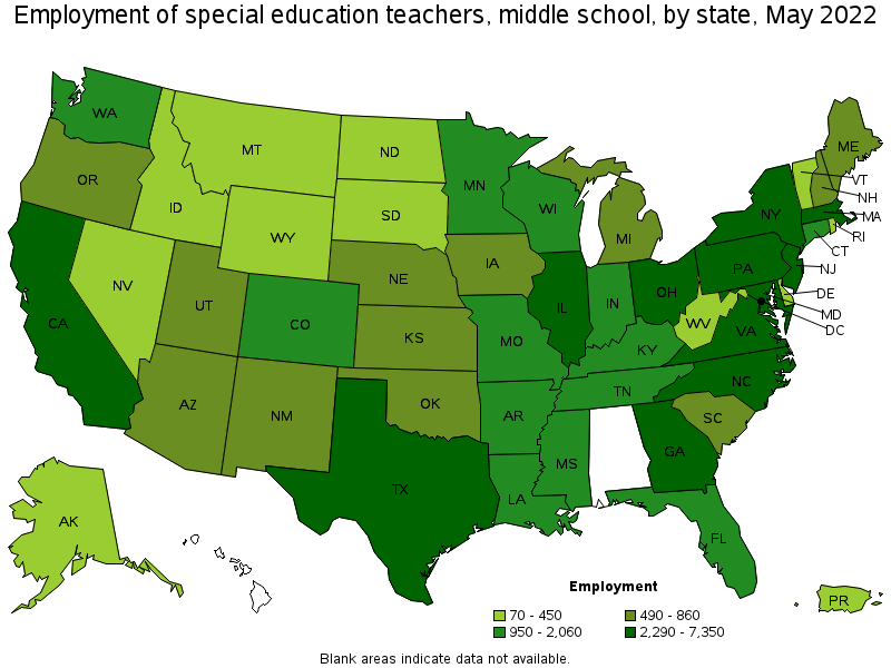 Map of employment of special education teachers, middle school by state, May 2022