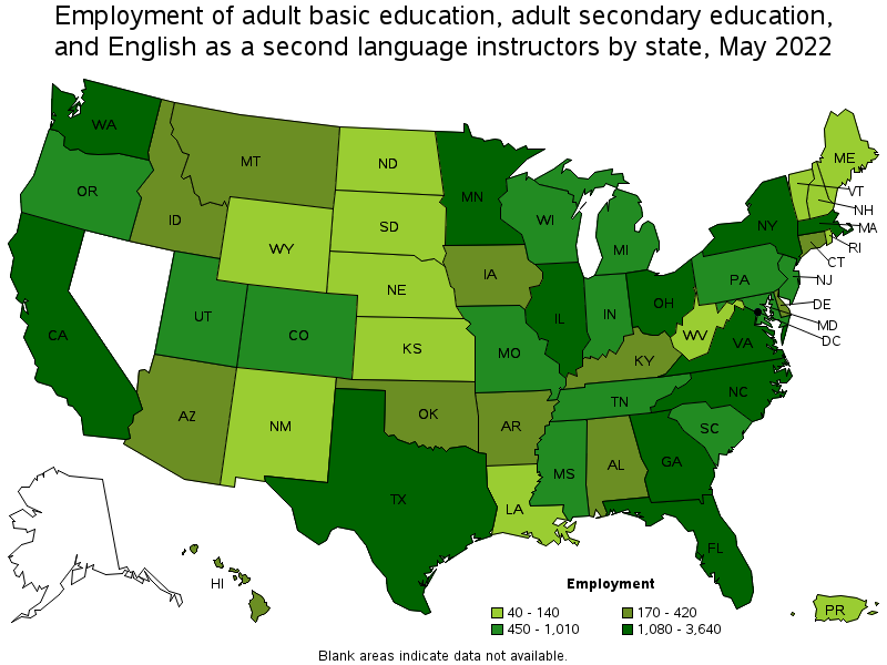 Map of employment of adult basic education, adult secondary education, and english as a second language instructors by state, May 2022