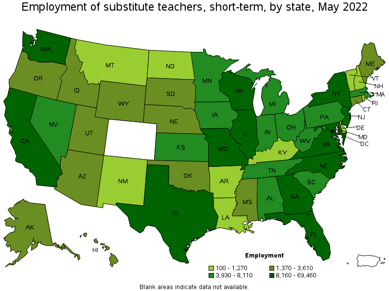 Map of employment of substitute teachers, short-term by state, May 2022